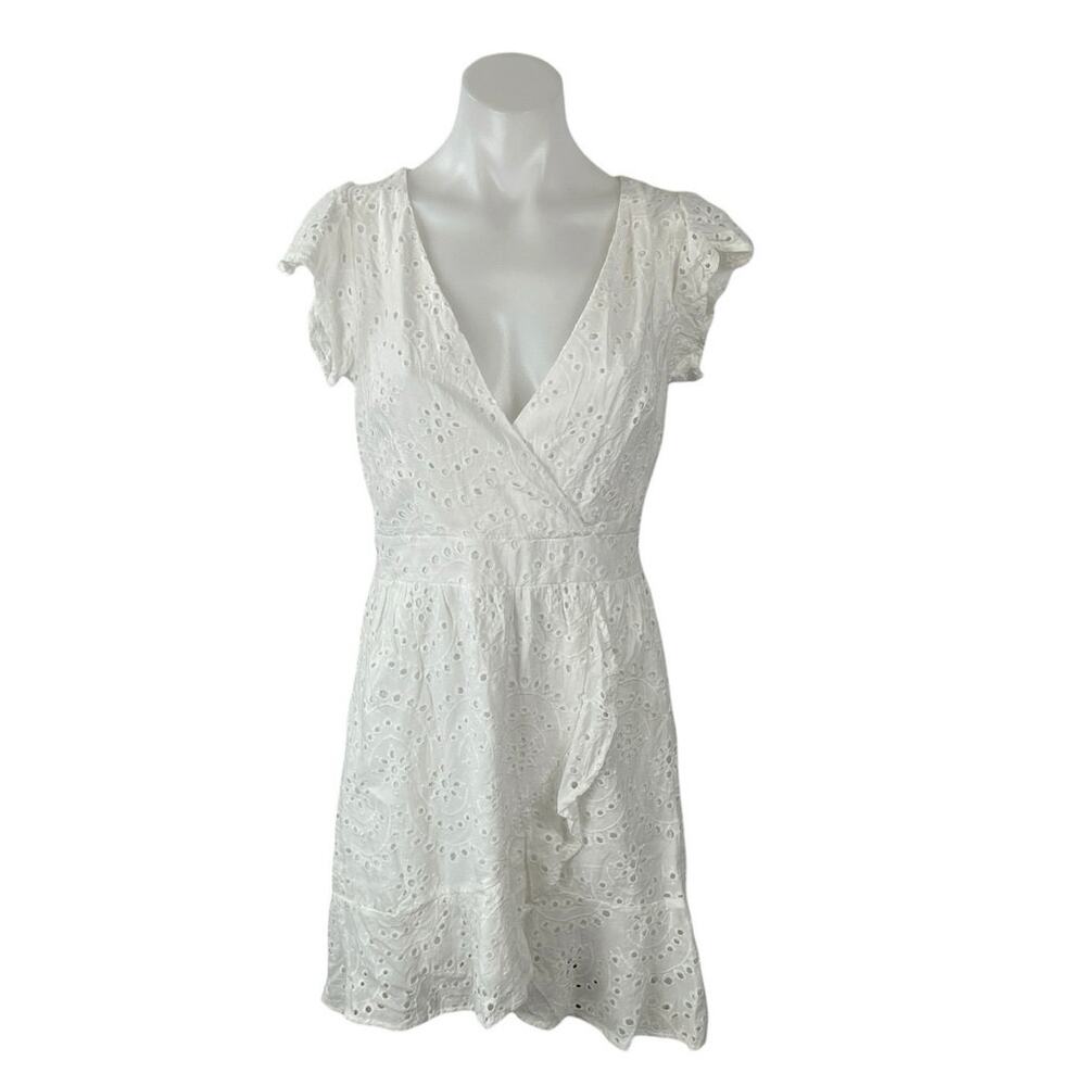 NEW Japna White Floral Eyelet Embroidery V Neck Mini Flare A-Line Wrap Dress M